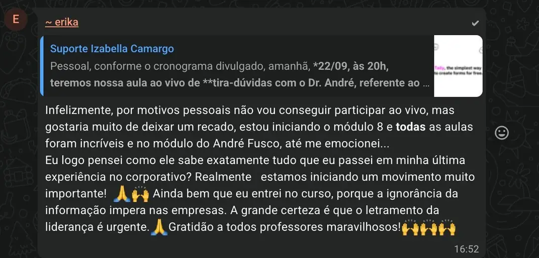 Print de depoimento de aluno